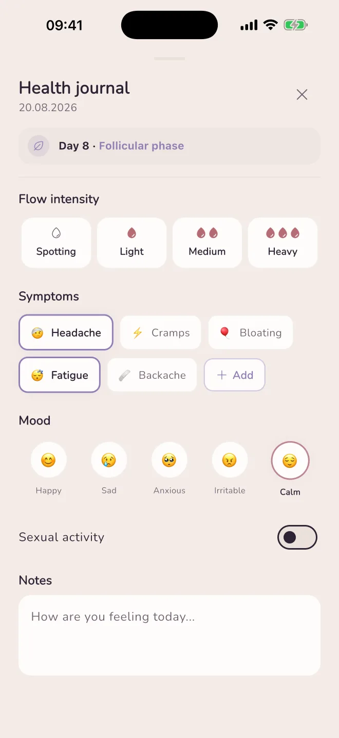 Diary: symptoms, mood, notes