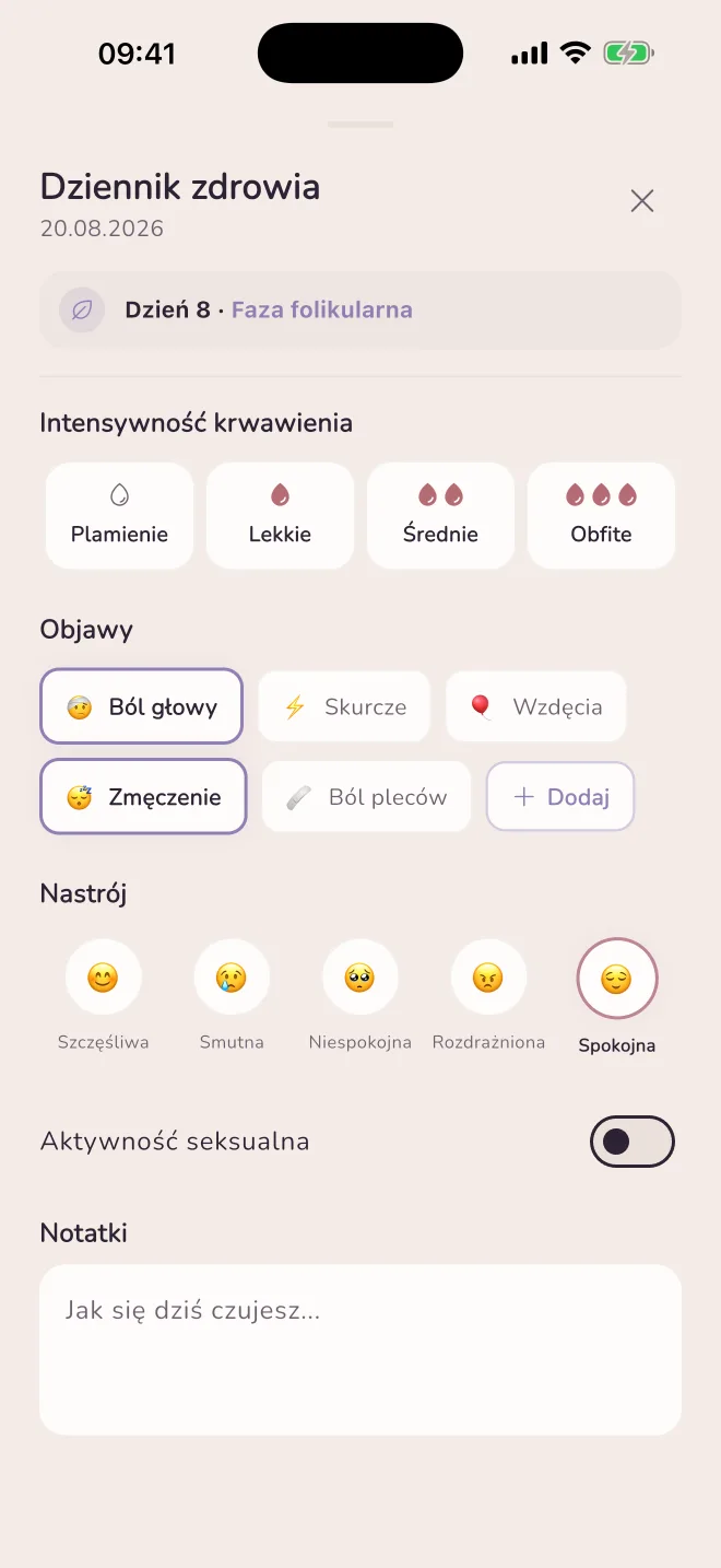 Dziennik: objawy, nastrój, notatki